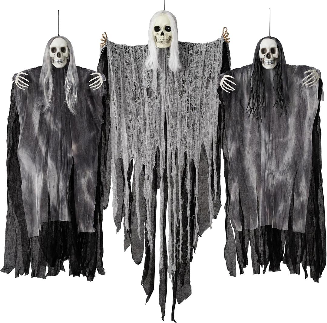 JOYIN 3 Pack Hanging Halloween Skeleton Ghosts Decorations Outdoor, Grim Reapers for Best Halloween Outdoor Decorations, Haunted Haunted House Prop, Party Supplies