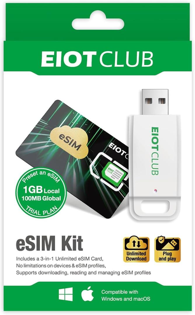 EIOTCLUB eSIM Card & Reader Bundle - Physical eSIM Card for Unlocked Android/iPhone/Router, Unlimited Downloads, Global Travel (USA/Europe/200+ Countries), Windows & macOS Support