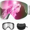 Snowalva Ski Goggles, Snowboard Goggles with 2 UV400 Anti-Fog Detachable Magnet Lenses for Men & Women Adult (Ver.2 Cherry(vlt 11.5%)+clear(vlt 83.5%))