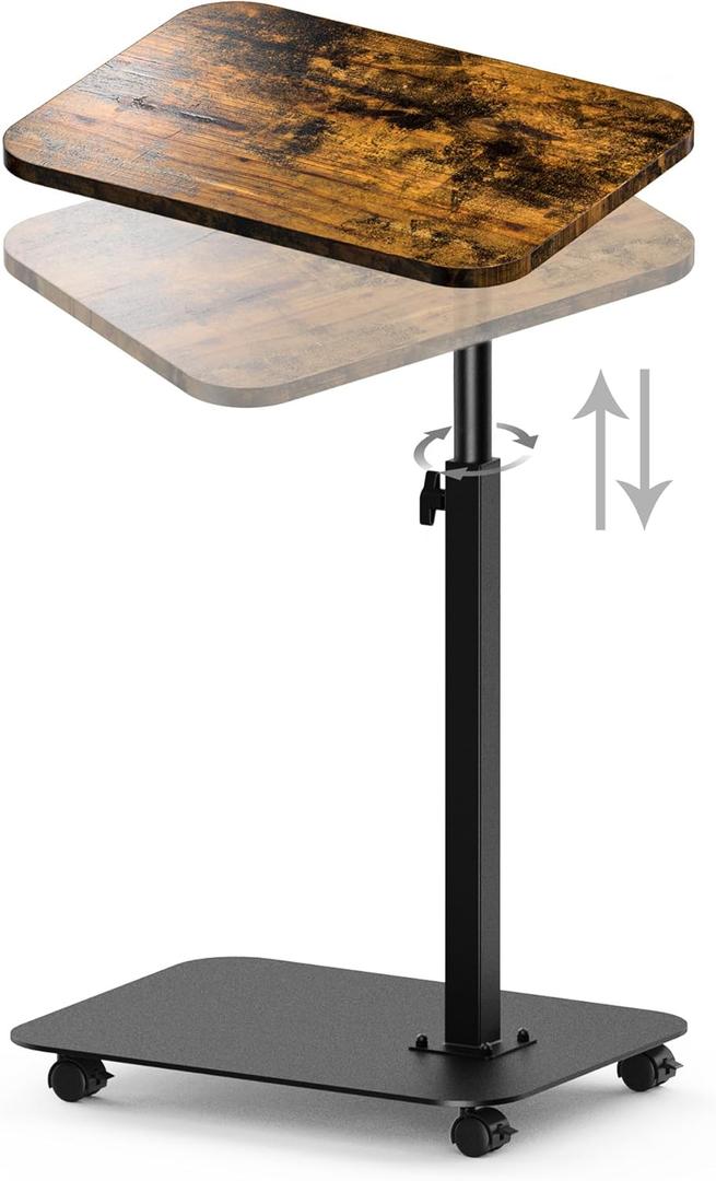 TV Tray Table Heavy Metal Base with Wheel Swivel/Adjustable Height Couch Table, Sofa Arm End Side Table for Living Room and Bedroom, Bed or Small Spaces (11.8*15.7 in, Brown)