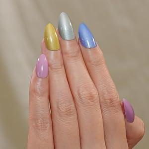 Frinail Colorful Cat Eyes Press on Nails Short Almond for Summer, Handmade Gel Fake Nails, Glue on Nails Oval Stick on False Nail Kit, Glossy Glitter Stiletto False Nails for Women