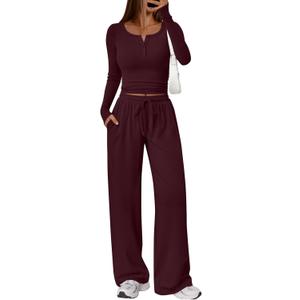 Trendy Queen Women's 2 Piece Matching Lounge Sets Long Sleeve Henley Neck Slightly Crop Top Wide Leg Pants Casual Sweat Suit (Red) S