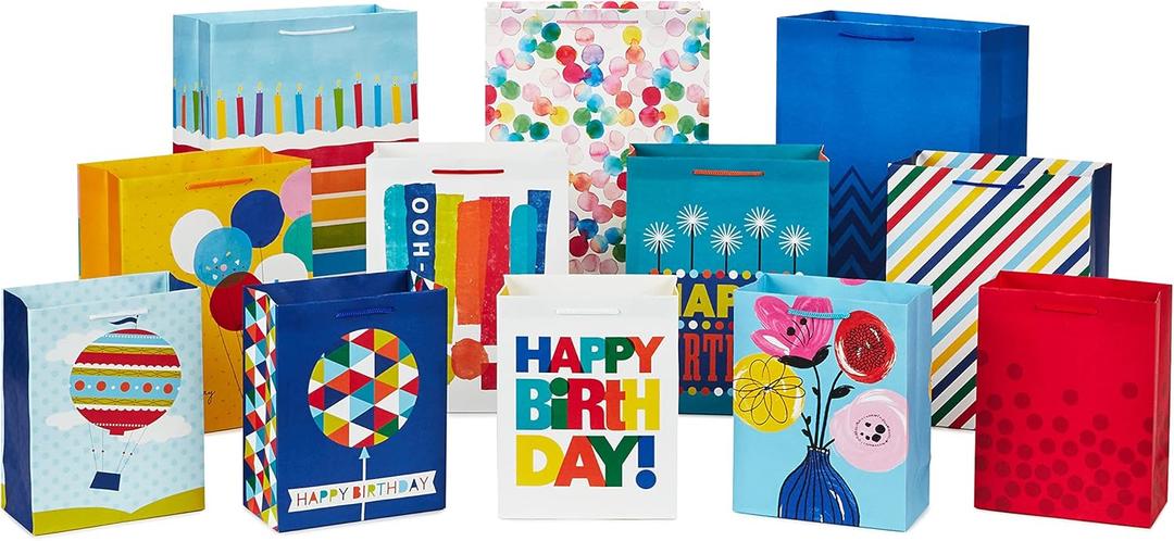Hallmark Gift Bags in Assorted Sizes (Pack of 12 - 5 Medium 8", 4 Large 11", 3 Extra Large 14") for Birthdays, Mother's Day, Graduations, Baby Showers