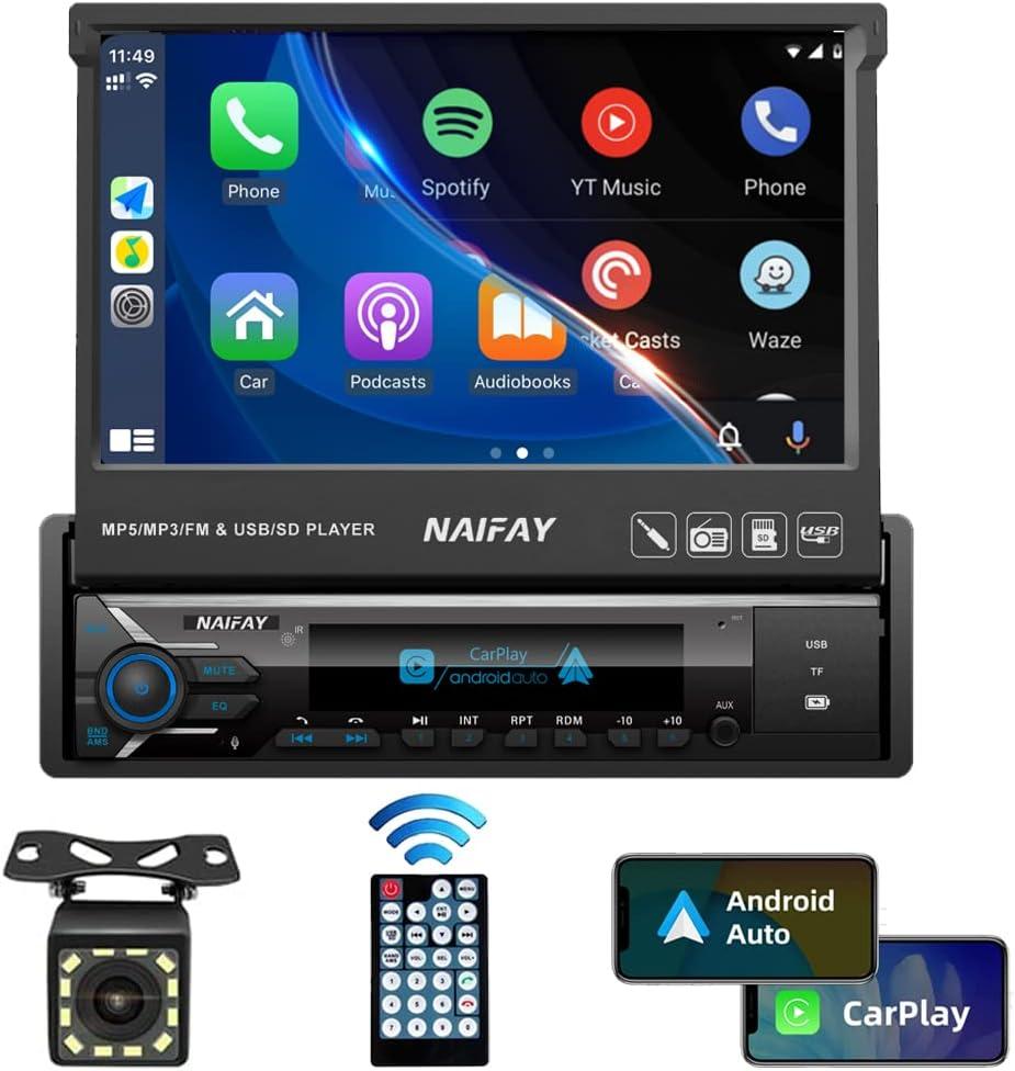Naifay Single Din Touchscreen Car Stereo with Carplay & Android Auto, 7inch Flip Out Screen Car Stereo with Bluetooth Car Audio Receivers, Backup Camera, FM Radio/Mirror Link/USB/AUX/TF/Subwoofer
