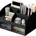 COMFYROOM Desk Organizer with 6 Compartments and 2 Drawers, Plastic Makeup Organizer, Pen Holder for Desktop Storage, Desk Organization for School, Home, Office Supplies (Black)