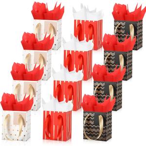 Tenare 12 Pcs Small Gift Bags Mini Metallic Paper Bag Bulk Tiny with Handle Tissue Paper for Gift Wrap Mother's Father's Day Birthday Graduation Party(4 x 2.75 x 4.5 Inch,Red Black White)