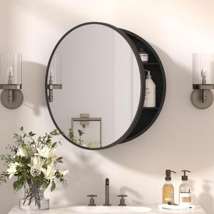 24 x 24 Inch Round Medicine Cabinet Mirror Black,Circular Bathroom Mirror with Storage Wall Mounted,Metal Framed Medicine Cabinets with Tempered Glass Adjustable Shelves for Bathroom Vanity