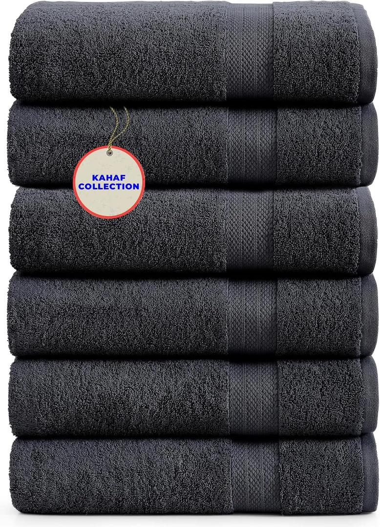 KAHAF COLLECTION 100% Cotton Bath Towels, 24x48 Pack of 6 Towels, Quick Dry, Highly Absorbent, Soft Feel Towel, Gym, Spa, Bathroom, Shower, Pool, Luxury Soft Towels (Grey, 24x48-6 Pack)