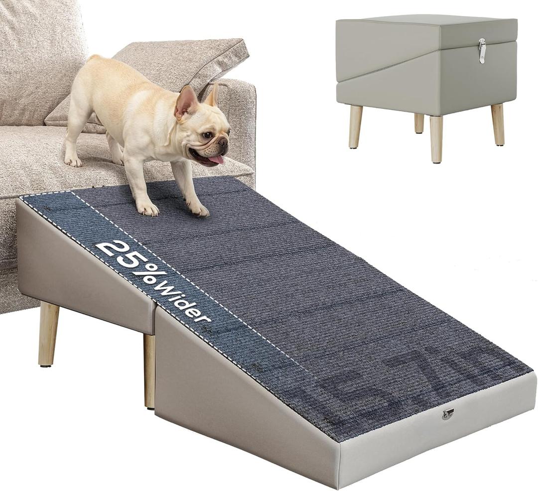2 in 1 Ottoman Dog Ramp with 6 Fabric-Covered Anti-Slip Grip Rails, Paw-Friendly Full Fabric Surface, 15.7 in Wide Stable Folding Pet Ramp Stool for Couch Bed, 4 Leveling Feet, 150 lb Capacity