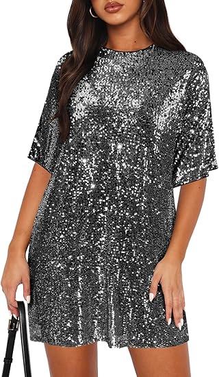 Women's Crew Neck Sequin Dress for Women Sexy V Neck Shirt Dress Sparkly Half Sleeve Loose Party Club Cocktail Dress
(Medium)