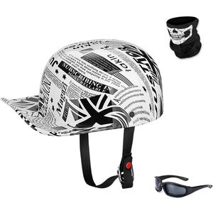 Vintage Open Face Motorcycle Helmet Retro Baseball Cap Half Helmets Men Women for Cruiser Street Scooter Moped Cap Jet with Mask Glasses - DOT Certified (Medium, Newspaper)