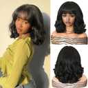 WIGER Yaki Texture Wavy Wig with Bangs for Women Short Shoulder Length Curly Bob Synthetic Wigs Natural Black Wear And Go Wig Glueless Heat Resistant Hair for Daily or Events