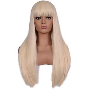 morvally Women's 26 inches Long Straight Blonde Synthetic Resistant Hair Wigs with Bangs Natural Looking Wig for Women Halloween Cosplay (Blonde)