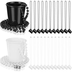 Dandat 24 Pcs Shot Glass on Beaded Necklace Graduation Accessories Disposable Mini Plastic Shot Cups for Graduation Party Accessories Bachelorette Birthday Wedding Festival Party Favor(Black, White)