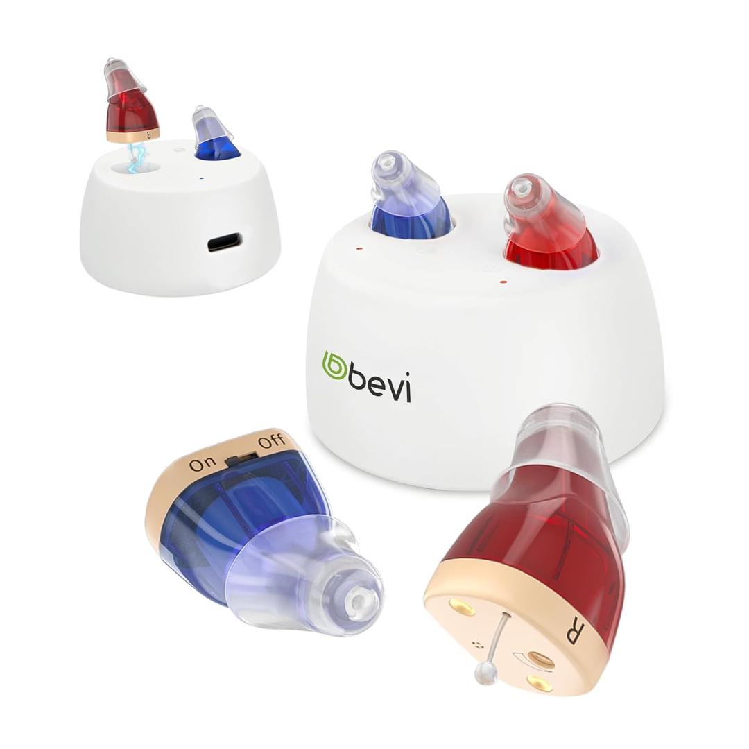 Rechargeable Hearing Aids for Seniors with Noise Cancellation, OTC Hearing Aids Digital Chips for Clear Sound, CIC In-Ear Fit Comfortable & Invisible, Charging Case Volume Control, 1 Pair, Red and blue