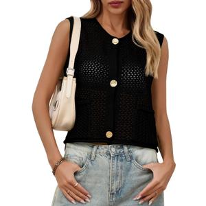 Saodimallsu Womens Crochet Sweater Vest Button Down Sleeveless Crew Neck Boho Knit Crop Tank Tops Summer Cardigans (Black, S)