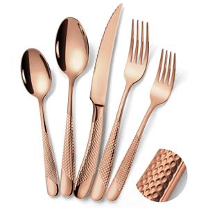 20-Piece Hammered Rose Gold Silverware Set for 4 with Serrated Forging Knives,18/10 Stainless Steel Modern Flatware Set,Unique Cutlery Set Spoons and Forks Set,Mirror Polished,Dishwasher Safe