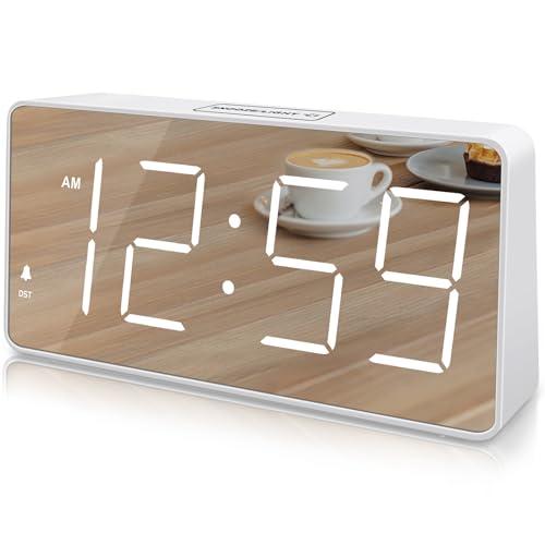 Peakeep Digital Clock, Alarm Clock Battery Backup Powered for Bedrooms – Mirror Face Large Numbers 6 Dimmer for Seniors, Super Loud for Heavy Sleepers (White)