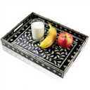 Rectangular Mother of Pearl Serving Tray, Handmade Ottoman Decorative Shell Tray with Handles for Fruit Bread Tea Breakfast Coffee Table Party Home Decor (Black Wicker Butterfly)