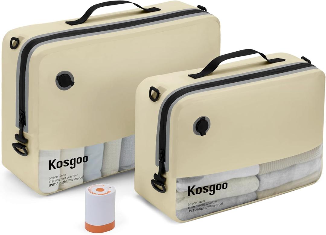 Vacuum Compression Bags for Travel with Pump Reusable for Carry-on Suitcase Backpack Home Storage, IP67 Waterproof, Wide Opening, Transparent Window (2 Pack + Pump Beige)