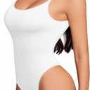 MANGOPOP Women's Cami Thong Bodysuit Double Lined Square Neck Backless Body Suit Adjustable Spaghetti Strap Tank Tops (White, XL)