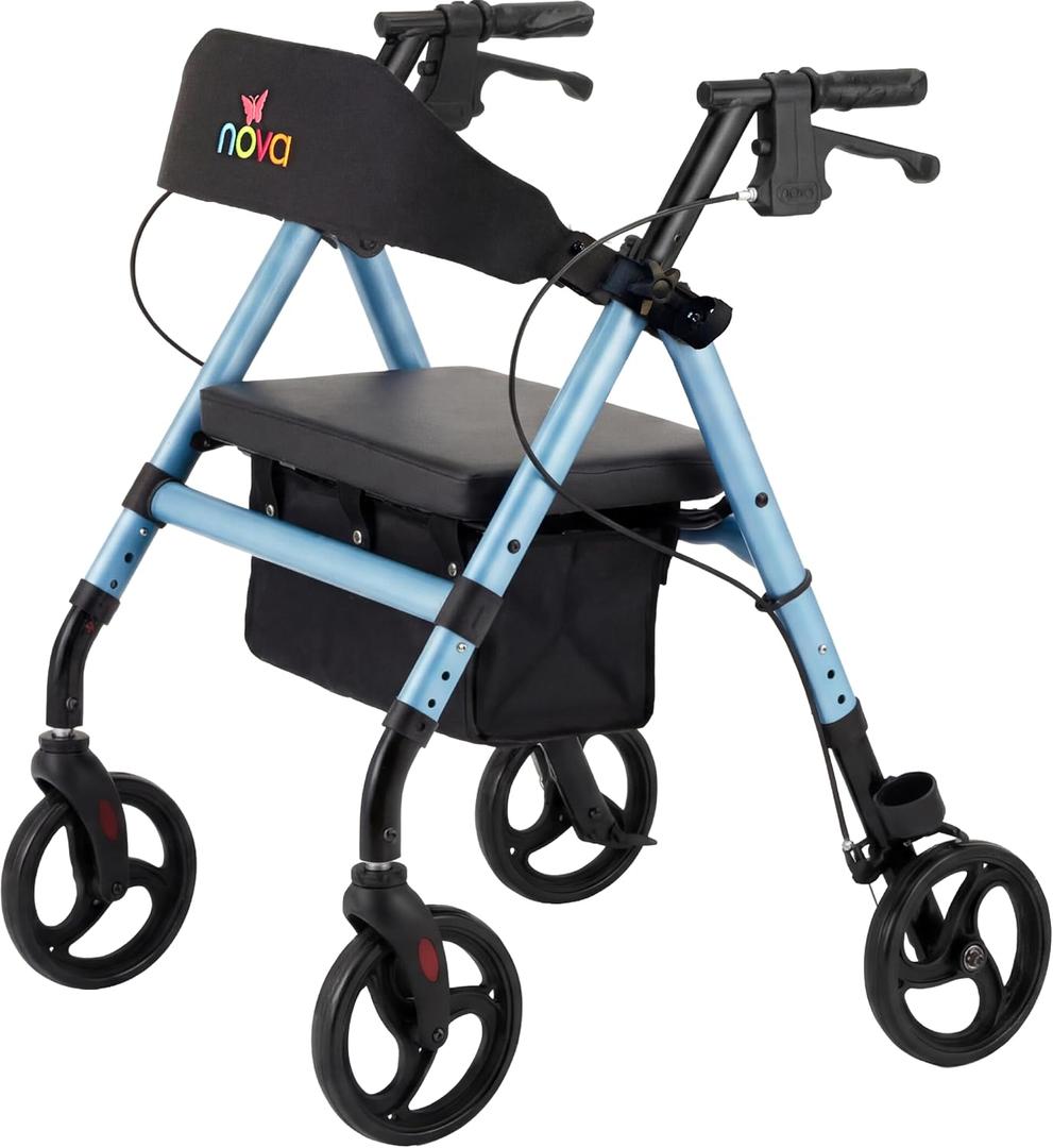 NOVA Vega Rollator Walker - Lightweight 18 lb Folding Mobility Walker, 8” Wheels, Adjustable Height, Hand Brakes, Padded Seat & Backrest, Sky Blue