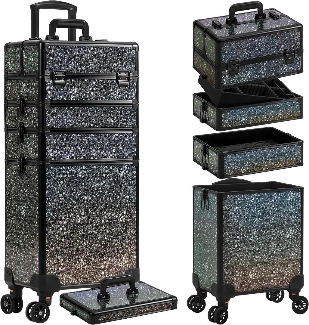 AROUS Rolling Makeup Train Case 5 in 1 Cosmetology Case on Wheels Large Cosmetic Organizer Travel Cart for Hairstylist Artist Nail Beauty Salon Barber,Black