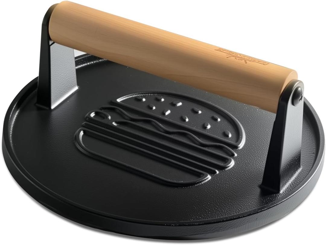 Cast Iron Smash Burger Press 7.1",Grill Bacon Meat Press Tool,Perfect for Blackstone, Camp Chef, Weber Grills & Indoor Griddles  BBQ & Cookout Must-Have (Round -Grooved)
