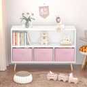 Kids Bookcase and Bookshelf, Multi Shelf Toy Storage Organizer, Kids Bookshelf with 3 Collapsible Fabric Drawers and Pine Legs, Kids Book and Toy Display Rack for Bedroom, Playroom White+Pink, 35.43 x 11.02 x 23.62 inches