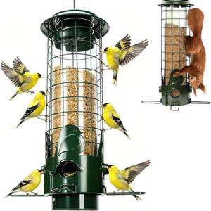 Squirrel Proof Bird Feeder, 3LB Large Capacity Hanging Metal Bird Feeders with Weight-Activated Mesh Perches for Wild Birds, Finch, Cardinal, Chickadee, Outdoor Yard Decor
