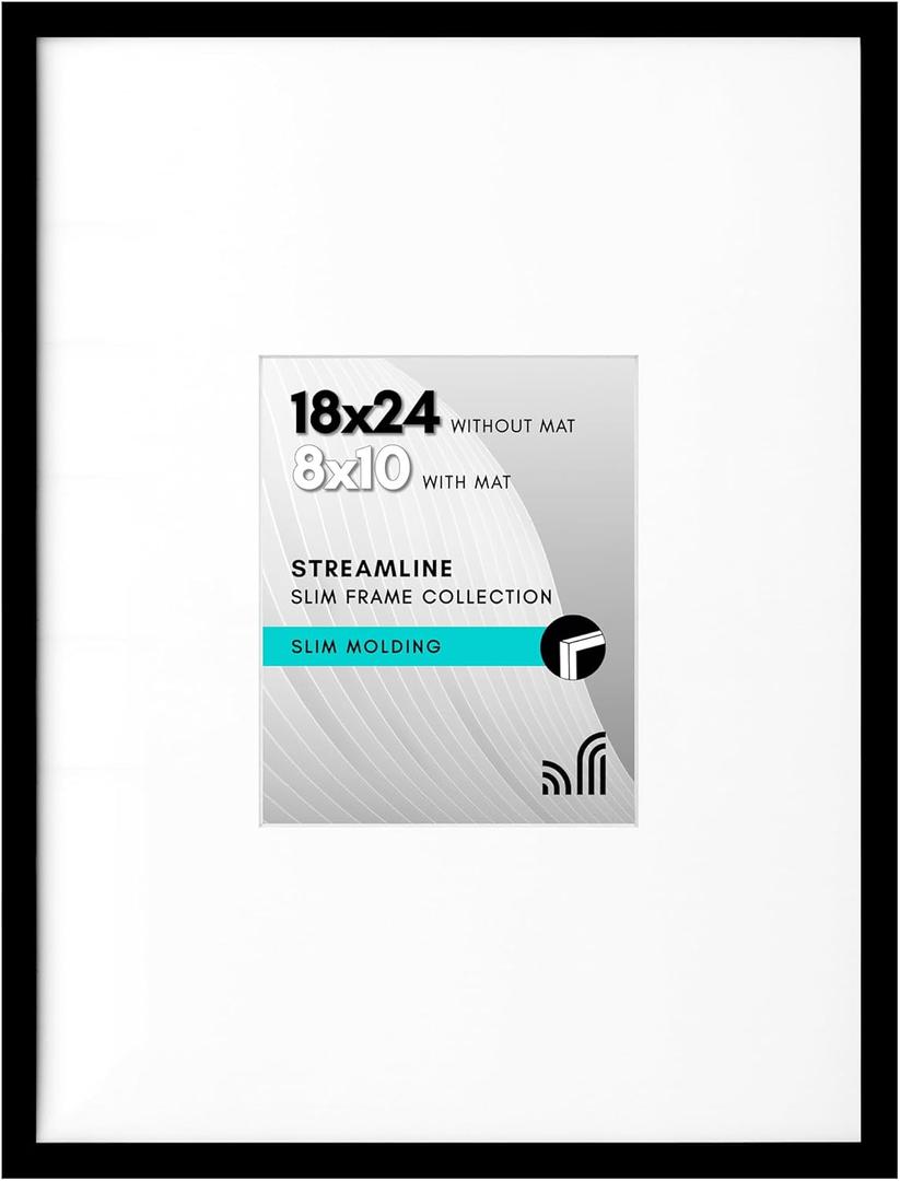 Americanflat 18x24 Poster Frame with Polished Plexiglass - Use as 8x10 Frame with Mat or Display 18x24 Photo Without Mat - Streamline Collection - Thin Border Picture Frames for Wall - Black