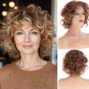 Short Curly Light Brown Wig with Bangs for Women Shaggy Curly Natural Synthetic Heat Resistant Cosplay Costume Wig(mixed blonde)