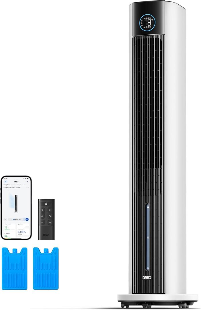 DREO Tower Fan for Bedroom, 43" Cooling Fans That Blow Cold Air 2025 Upgraded, Evaporative Air Cooler, Quiet 85 Oscillating Floor Fan, Easy Cleaning, APP Control, 4 Modes & 4 Speeds, 12H Timer, White
