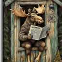 Bathroom Canvas Wall Art Moose Decor Rustic Moose in Outhouse Toilet Read a Newspaper Picture Prints Forest Wildlife Painting Farmhouse Cabin Bathroom Decor Framed(Art-5,16.00x24.00 inch)