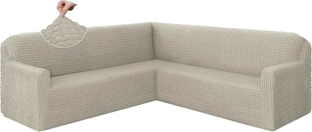 HDCAXKJ L-shaped Sectional Couch Cover Stretch Couch Covers for Sectional Sofa L Shape Sofa Covers Seersucker U Shaped Couch Slipcover Washable Furniture Protector for Pets Dogs (Light Khaki, X-Large)