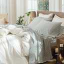 MooMee Striped Sheet Set 100% Washed Cotton Linen Like Textured Breathable Durable Soft Comfy (Heathered Green Classic Stripes, King)