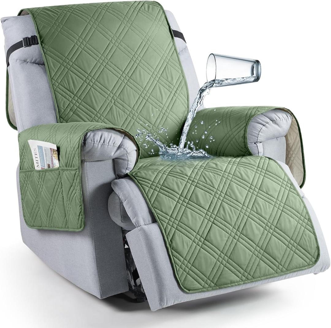 TAOCOCO Waterproof Recliner Chair Cover, Non Slip Oversized Recliner Covers for Recliner Chair with Pocket, Reclining Chair Cover Furniture Protector for Kids, Dogs(28'', Bean Green)