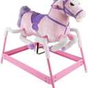 Spring Rocking Horse - Plush Bouncy Ride-On Toy with Fun Sounds, Wood Handles, and Adjustable Stirrups for Kids Ages 3 to 6 by Happy Trails (Pink)