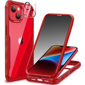 CENHUFO Privacy for iPhone 14 Plus Case, Full Body Phone Case with Built-in 9H Tempered Glass Privacy Screen Protector and Camera Lens Protector, Anti Peep Spy Shockproof Bumper Clear Cover - Red