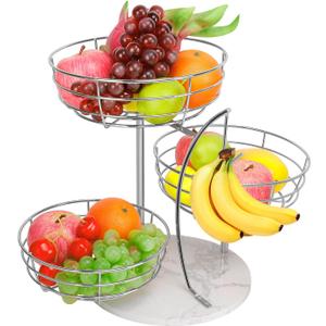 Livabber Fruit Basket Bowl with Banana Hanger, Metal Fruit Vegetable Storage Basket with Banana Holder for Kitchen Counter, Detachable Organizer for Bread Snack Produce (Chrome, 3-Tier Marble Base)