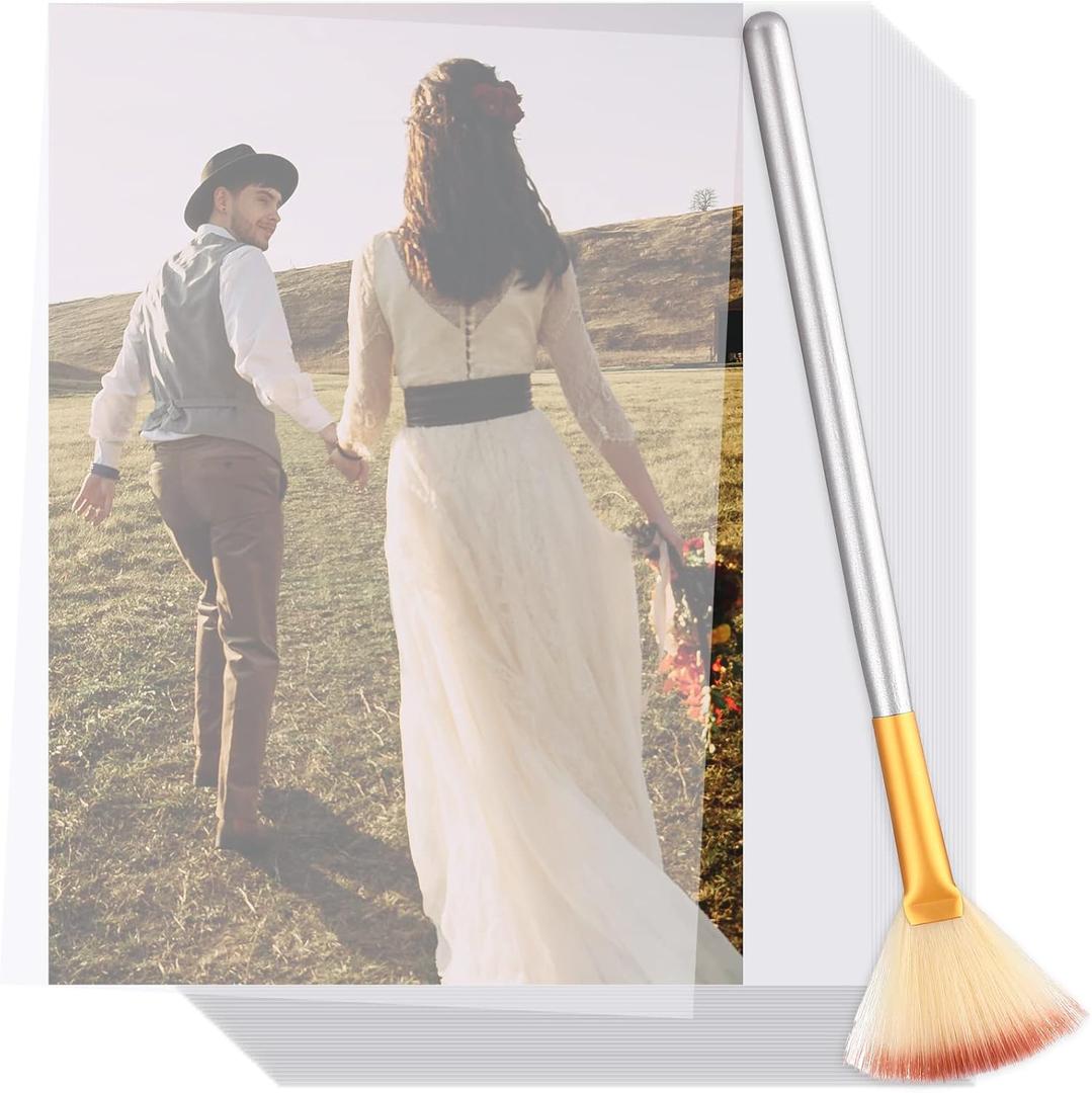 PerKoop 100 Sheets Vellum Paper, 5 x 7, Thick Transparent Paper with Embossing Fan Brush, 160GSM Printable Clear Vellum for Wedding Invitations, Heat Embossing, Belly Bands