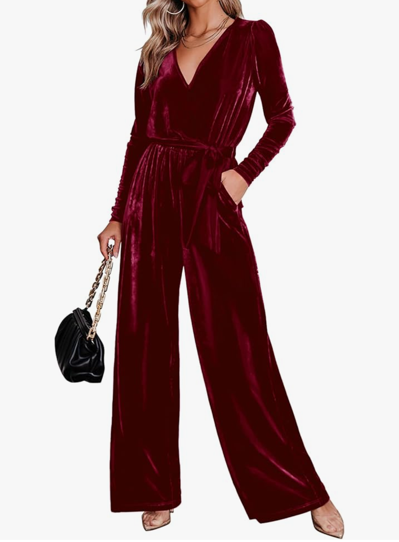 Velvet Long Sleeve Wide Leg Jumpsuits for Women Dressy V Neck Belted Romper One Piece Fall Outfits with Pocket S