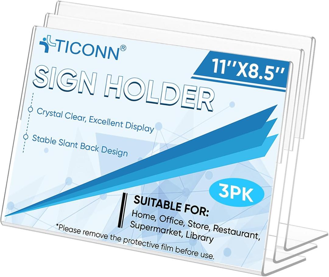 TICONN 11 x 8.5 Acrylic Sign Holder, L Shape Clear Sign Stand for Displaying, Plastic Paper Holder for Office, Store, Restaurant (Horizontal 3 Pack)