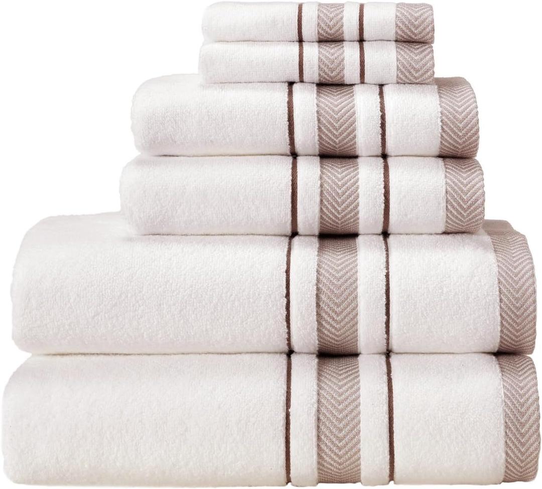 Bath Towel Set, White Towel For Bathroom, Luxury Hotel &Spa Quality, 100% Cotton, Includes 2 Large Bath Towels, 2 Hand Towels and 2 Washcloths, Super Soft, Absorbent & Decorative (White/Brown)