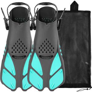 Sugaroom Swim Fins Open Heel, Adjustable Snorkel Fins Diving Fins with Mesh Bag, Snorkeling Gear Flippers Travel Size Short Flippers for Lap Swimming Scuba Dive Adult Men Women Kids (Green)