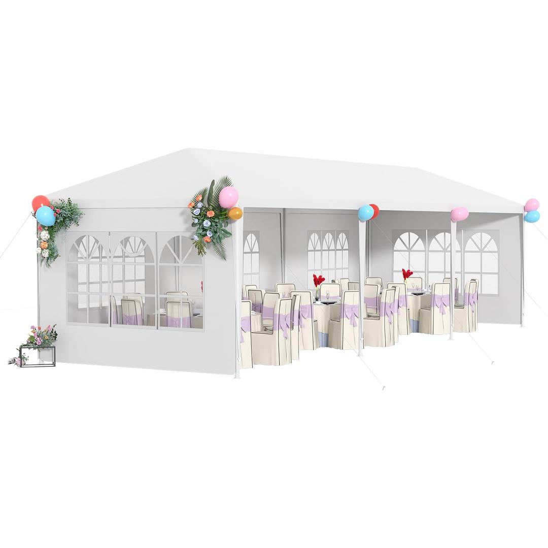 10x30 Outdoor Canopy Patio Tent Camping Gazebo Events with 5 Removable Walls for [Party] Wedding BBQ Cater, White 