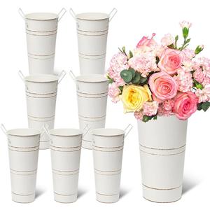8PCS Galvanized Metal Flower Vase, 10" Vintage French Bucket Vases with Handles, Floral Buckets Rustic Flower Buckets for Home Decor Table Centerpiece Wedding Arrangements