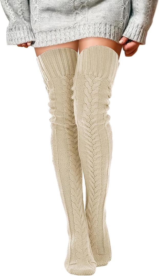 Buauty Women's Cable Knitted Boot Socks Extra Long Thigh High Winter Stockings Over Knee Leg Warmers (Beige)