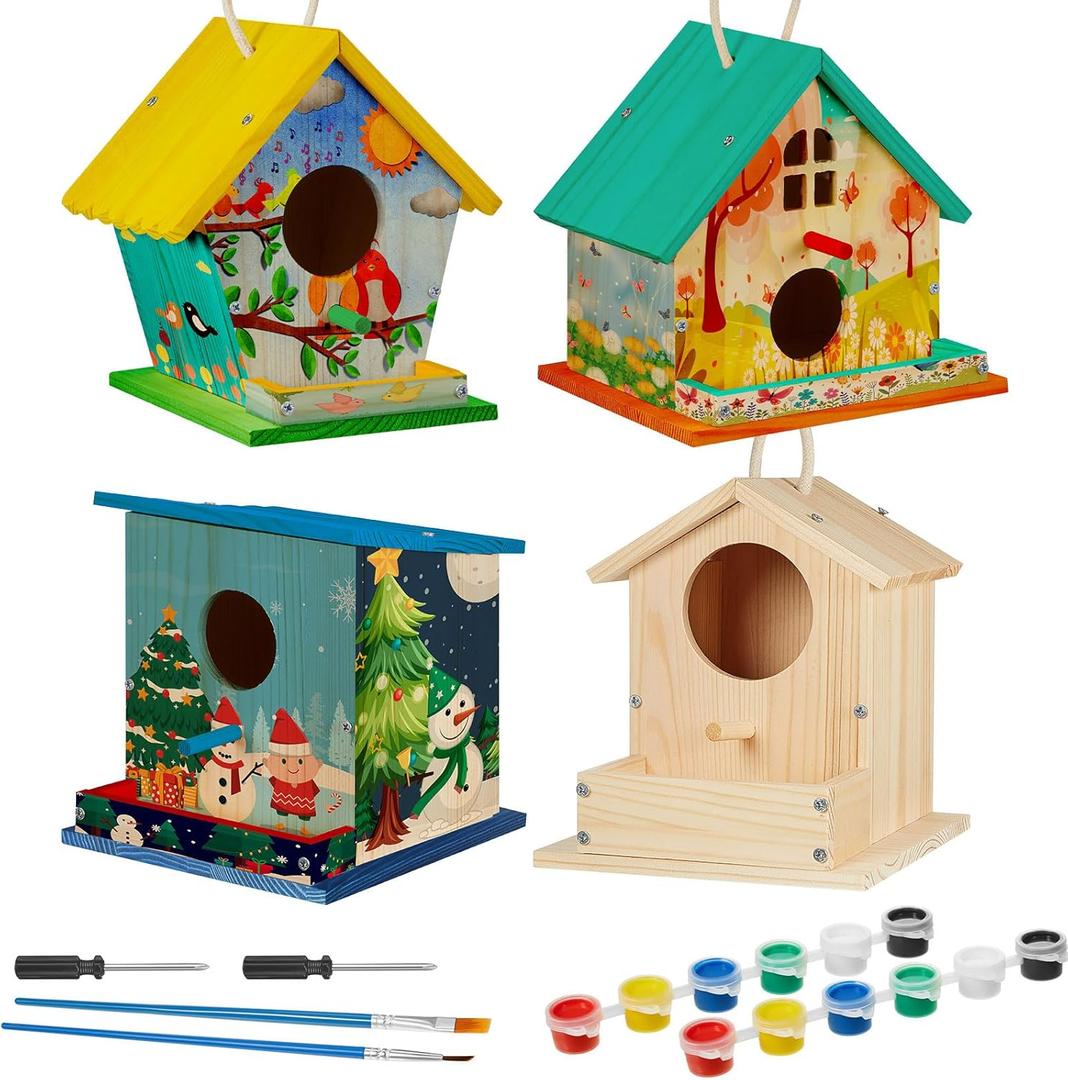Liliful 4 Pack Birdhouse Kit DIY Wooden Bird House with Paint and Paintbrushes Arts and Crafts Painting Kits for Boys Girls Adults Build Paint Christmas Birthday Indoor Outdoor Craft (Classic Style)
