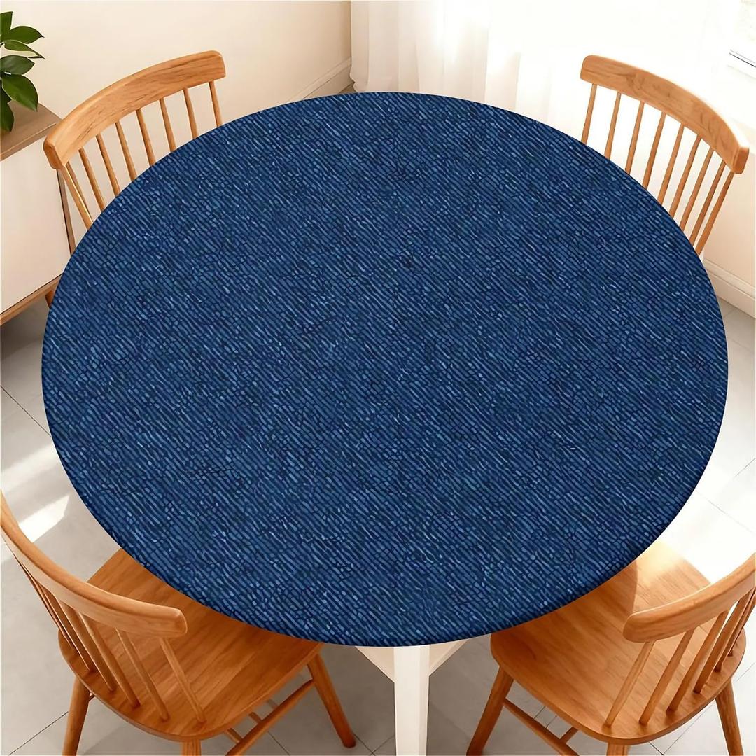 Round Fitted Tablecloth with Elastic Edge for Up to 45"-48" Round Table, Waterproof Tablecover for Camping, Indoor, Outdoor, Holiday, Summer, Blue